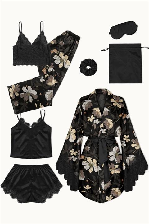 Pembishomewear Flower Unman Siyah 8 Li Saten Gecelik Takımı