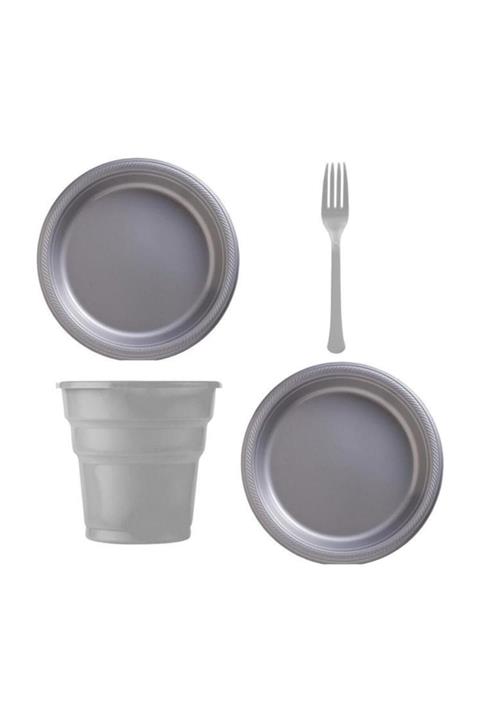 mercantoptan Gümüş Renk 25 Li Plastik Bardak+catal+tabak