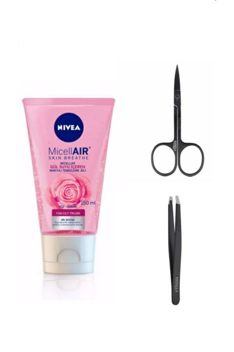 Nivea Micellaır Gül Su Içeren Makyaj Temizleme Jeli 150 M Ve Black Kaş Ve Bıyık Makas Ve Cımbız Seti