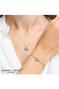 JEWEL LOVE Pırlanta Montür Tasarım Rose Gold Oval Nazar Gümüş Kolye Ve Bileklik Ikili Set