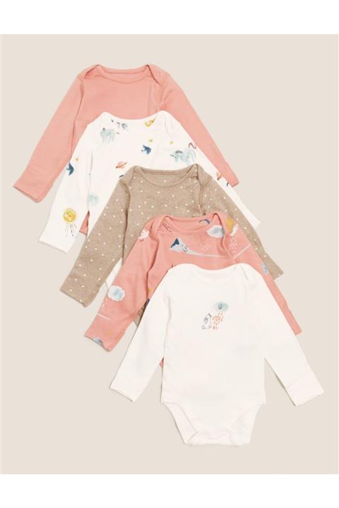 Marks & Spencer Saf Pamuk 5'li Grafik Desenli Bodysuit