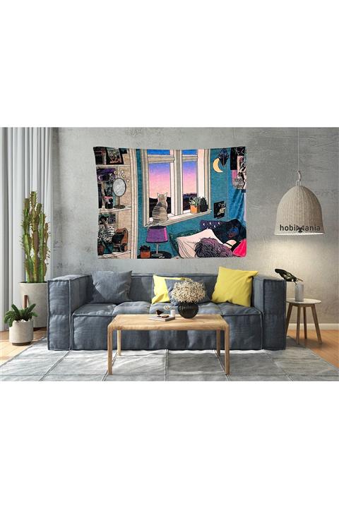 Hobimania Oturan Kedi Duvar Örtüsü Duvar Halısı Tapestry 150x100 Cm Duvar Dekorasyon Moda