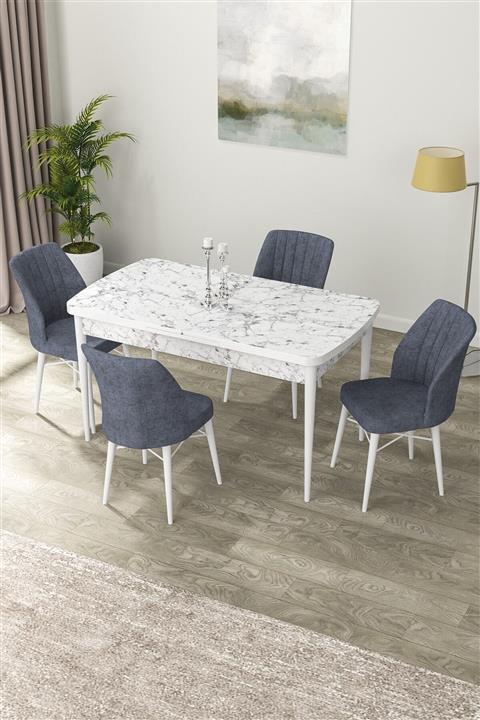 Canisa Concept Nef Serisi 70x114, Açılabilir Mdf Mutfak Masa Takımı, Beyaz Mermer Desen Masa Ve 4 Füme Sandalye