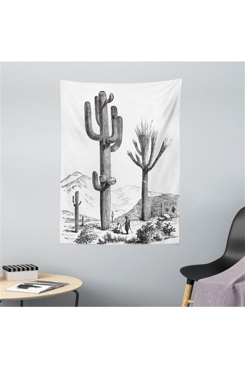 Rengirenk Sanatsal Mikrofiber Duvar Halısı Siyah Beyaz Kaktüs