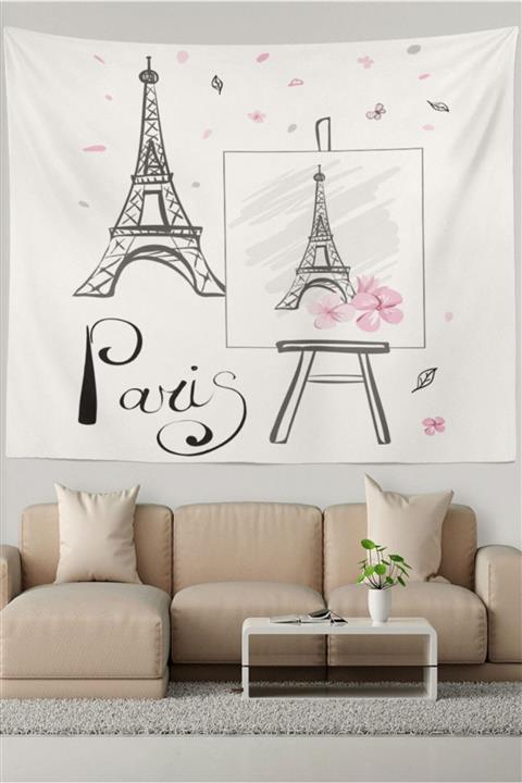 Ysahome Beyaz Zeminde Eyfel Kule Potresi Desenli Duvar Halısı