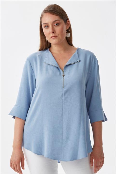 GHADA Büyük Beden Mavi Ön Yarım Fermarlı Bluz