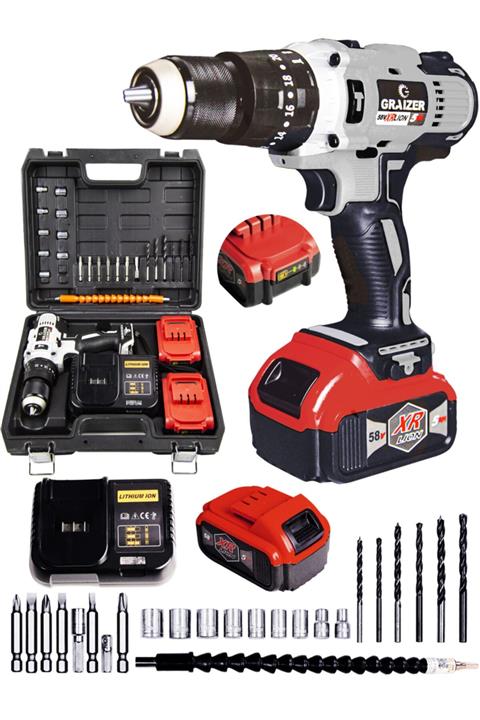 Graizer Alman 58 V 5 Ah 13 Mm Metal Mandren Darbeli Çift Akülü Vidalama Matkap + 27 Parça Pro Set Gri