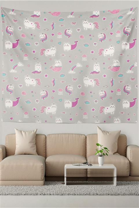Ysahome Gri Zeminde Unicorn Kedi Desenliduvar Halısı