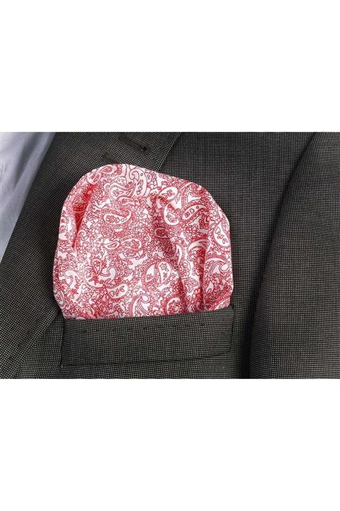 Exve Exclusive Erkek Kırmızı Şal Desen Pamuklu Yaka Cep Mendili