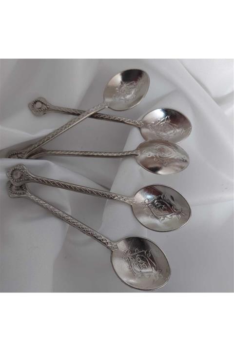 Aker Hediyelik Gri Metal Kahve Kaşığı Altın Sarısı Parlak Metalik Sarı Dekor Kaşık 50 Tane