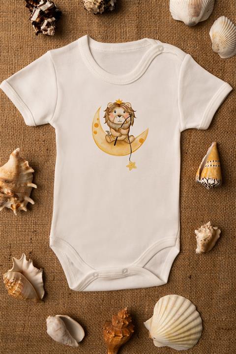Overoz Sevmli Aslan Baskılı Ekru Bebek Body %100 Pamuklu Organik Baskılı Çıtçıtlı Bebek Badi Zıbın 5028