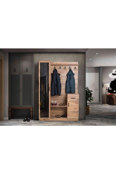 Moderniya Mobilya Flora Tek Kapılı Ceviz Aynalı Portmanto Ayakkabılık