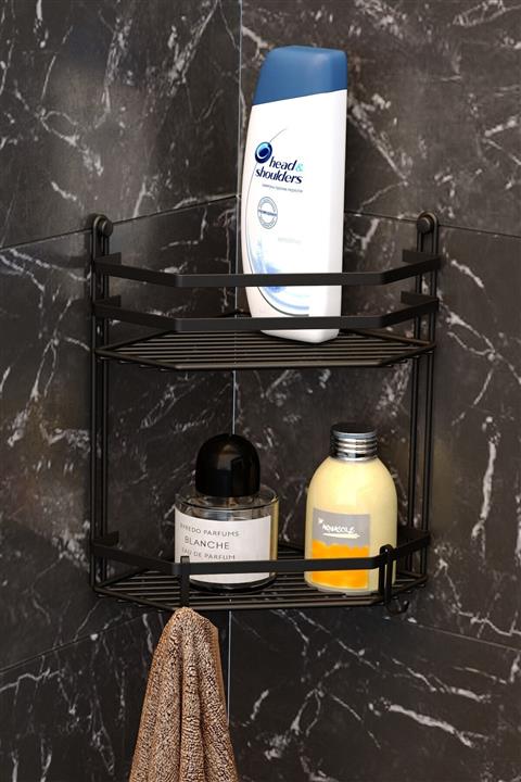 Teknotel İki Katlı Banyo Köşe Rafı Mat Siyah Es075h