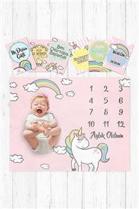 Doğum Günü Sepetim Baby Shower Hediyelik Ay Ay Fotoğraf Çekim Örtüsü Ve Anı Kartları - Unicorn