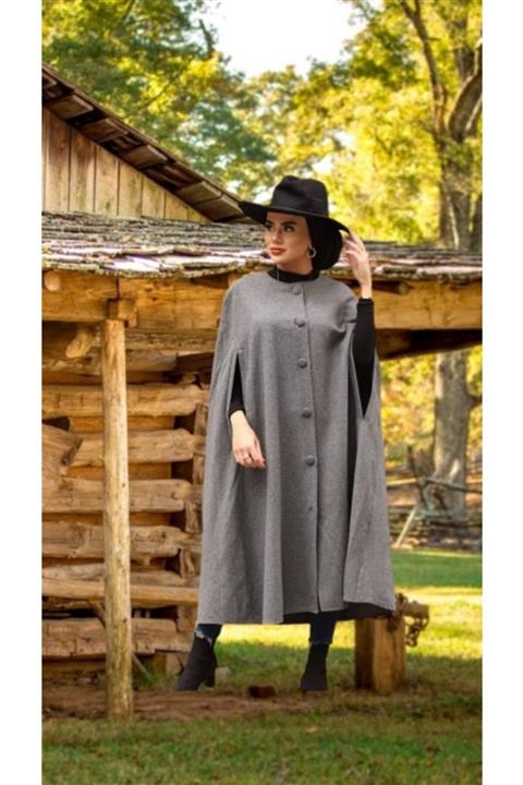 CNG MODA Tesettür Gri Kaşe Pelerin Panço