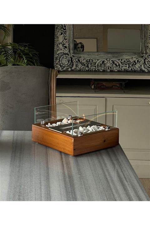 ES Konsept Ahşap Taşlı Masa Üstü Şömine Bio Ethanol Şömine