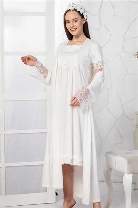 Emose Lohusa Sabahlıklı Gecelik Takım Ekru