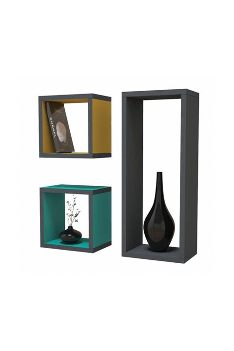 Minar Three Box Duvar Rafı - Sarı/antrasit/firuze