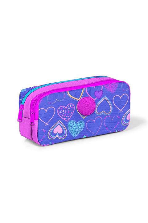 Coral High Kids Açık Pembe Lavanta Kalp Desenli Iki Bölmeli Kalem Çantası