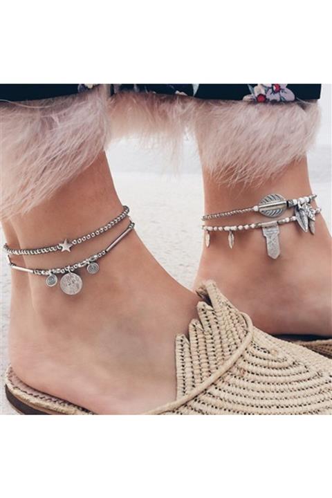 Fenomenya El Yapımı Gümüş Boncuklu Öndeki Ayaktaki 2 Parça Bohem Halhal Seti Mia