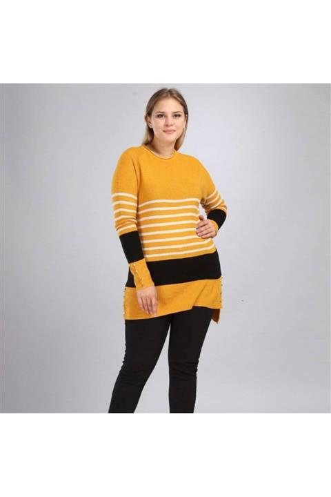 Kendi Modam Kadın Büyük Beden Sarı Renk Çizgili Triko Kazak