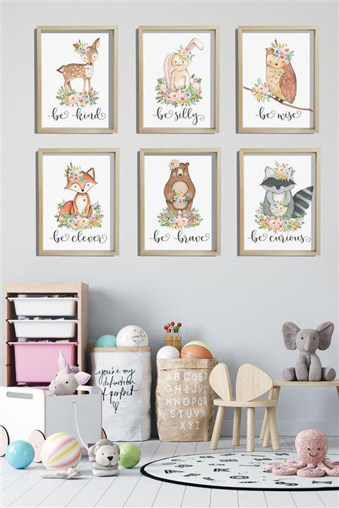 Canvartie Doğal Ahşap Çerçeveli Bebek Ve Çocuk Odası Duvar Tablosu Çiçekli Şirin Hayvanlar
