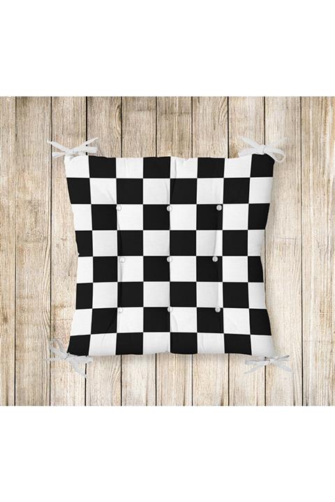 decoars Siyah Damalı Desenli Özel Tasarım Pofidik Sandalye Minderi