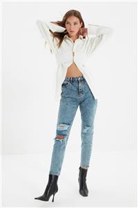 TRENDYOLMİLLA Mavi Yırtık Detaylı Yüksek Bel Mom Jeans TWOAW22JE0413