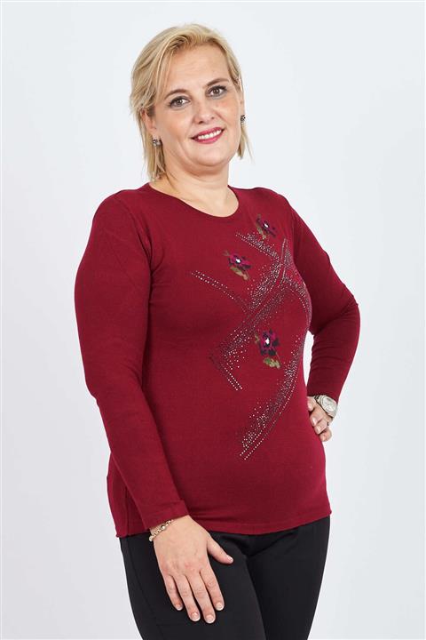 Flaş Triko Kadın Bordo  Çiçek Nakışlı Taş Işlemeli Bluz 3320815