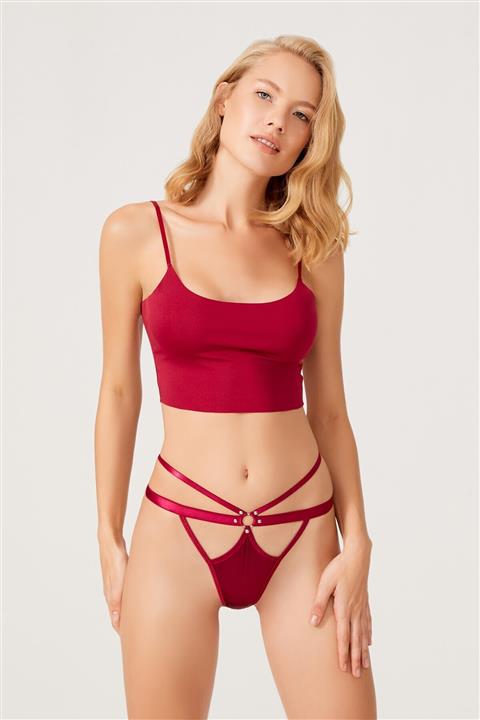 Cottonhill Vişne Saten Lastik Ve Taş Detaylı Kadın String Külot