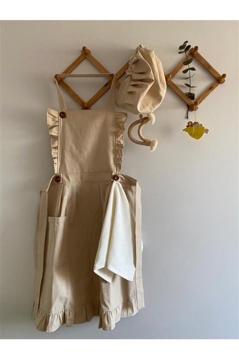 Hayalperest Mutfak Önlüğü Bej Rengi Fırfır Detaylı Şapkalı