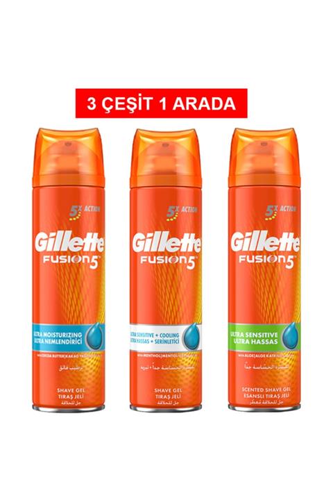Gillette Fusion Ultra Nemlendirici + Serinletici Hassas 200ml Tıraş Jeli 3 Çeşit 1 Arada