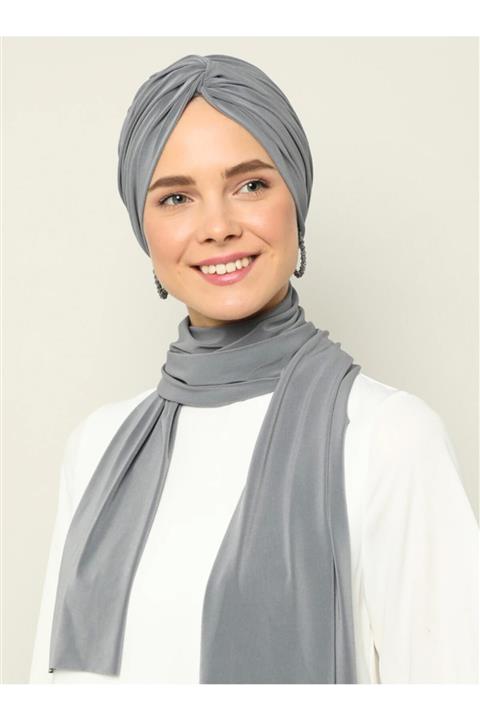 Mervin Şal Atkılı Dolama Hazır Türban - Gri - 25 -