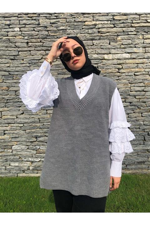 MUQKO Kadın Gri V Yaka Oversize Yırtmaçlı Tesettür Süveter