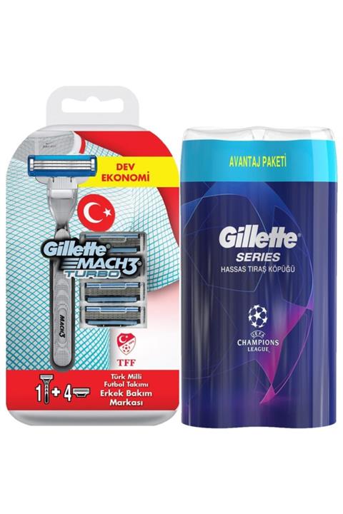Gillette Mach 3 Turbo Tıraş Makinesi + 4 Yedek Bıçak + 2'li Tıraş Köpüğü