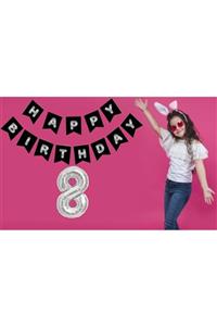 Ekin Süs Gümüş 8 Yaş Balonlu Happy Birthday Banner