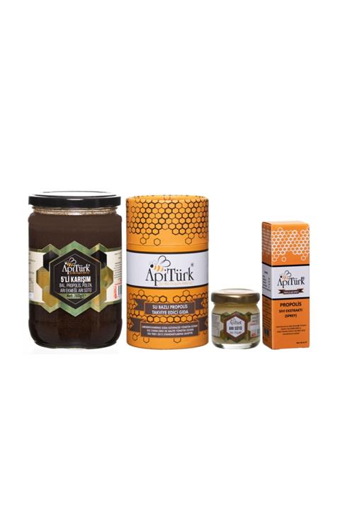 APİTÜRK Apiterapi Set ( 5'li Karışım 760gr+su Bazlı Propolis 50ml+40gr Arısütü+propolis Sprey30ml)
