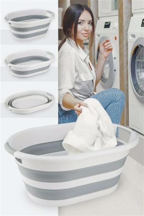 LarinHome Gri Katlanabilir Silikon Çamaşır Sepeti 38 Litre Büyük Boy