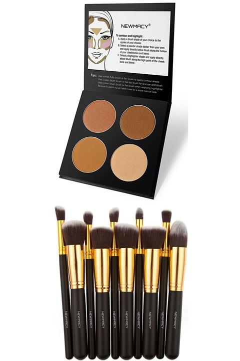 Newmacy 10'lu Profesyonel Makyaj Fırça Seti Siyah + 4'lü Profesyonel Aydınlatıcı Paleti E6501