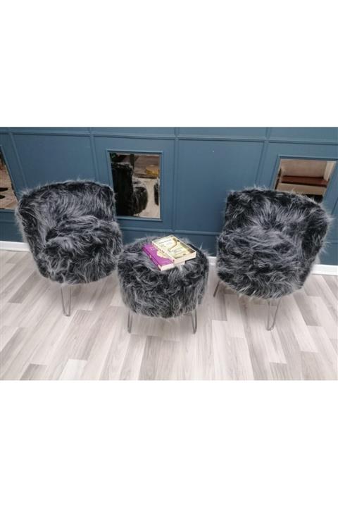 CADEN DECOR Madame Peluş Puf Çay Seti Gri Gümüş Ayak / Takım(2 Berjer, 1 Puf)