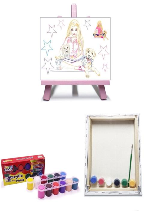 GLANCE Pembe Mini Şövale 25x35 Tuval Funny Kids Akrilik 25 Ml 12'li Renklerle Boyama Seti
