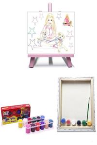 GLANCE Pembe Mini Şövale 25x35 Tuval Funny Kids Akrilik 25 Ml 12'li Renklerle Boyama Seti