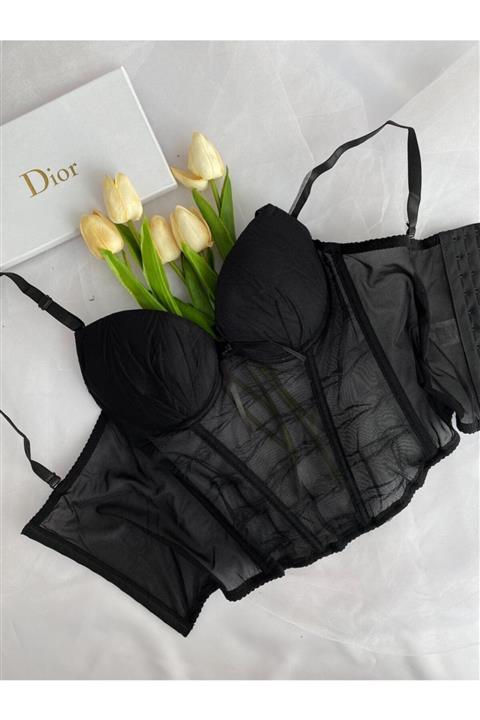 EDLİNGERİE Siyah Balenli Vintage Korse Jartiyer Seti