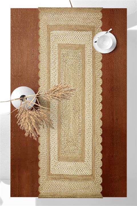 Osso Halı Kahve Bordür Hasır Görünümlü Desenli Runner Masa Örtüsü