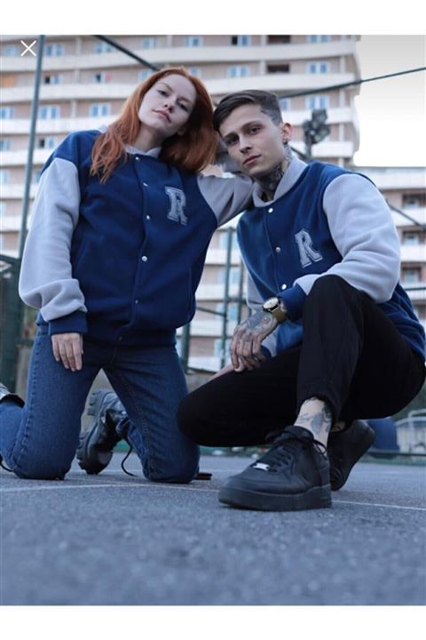 EMS Butik Unisex Mavi R Harfli Kolej Ceket