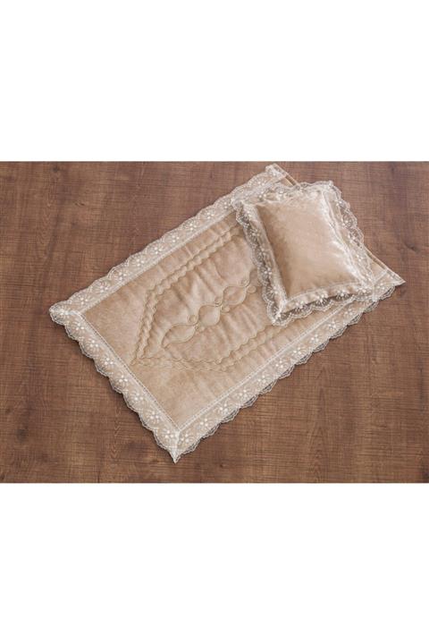 bursa çeyiz Kadife Fransız Dantelli Alt Açma Takımı Cappuchino