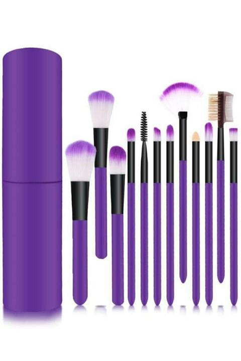 AİLY COSMETİCS Silindir Model 12'li Fırça Seti, Kutulu Mor Renk
