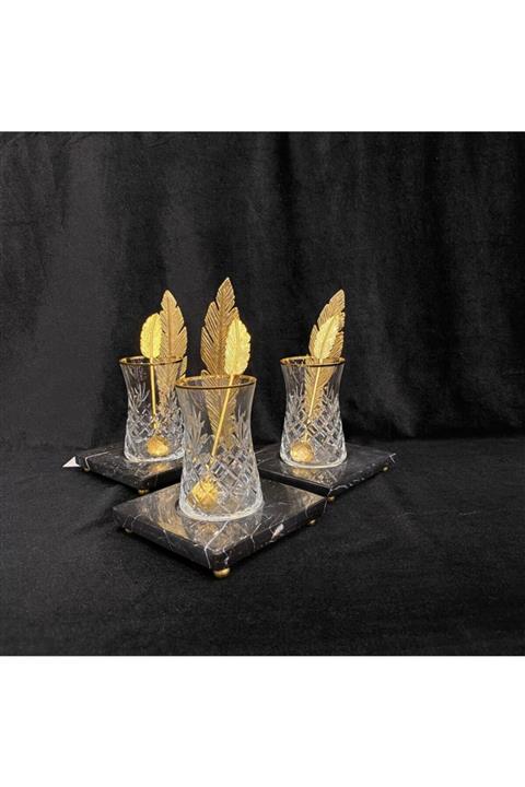 Essa Home El Yapımı Mermer Tabaklı Pirinç Kaplma 18 Parça Bardak Seti