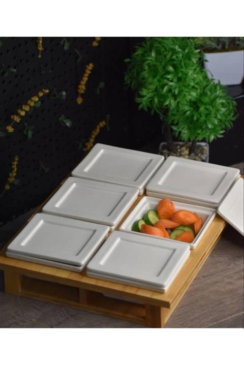 ACAR La Pure Bambu Tepsili 6lı Porselen Kapaklı Kahvaltılık 10952