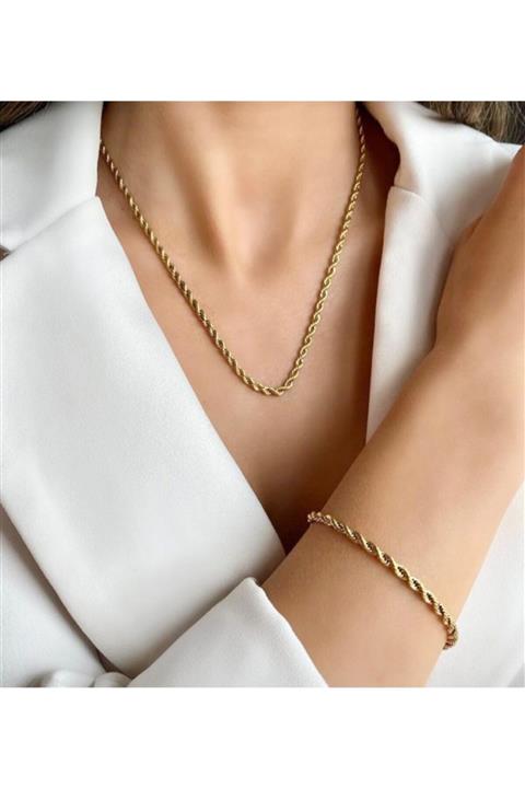 FEY AKSESUAR Kadın 14k Altın Sarısı Çelik Burgu Zincir Kolye Ve Bileklik Takımı